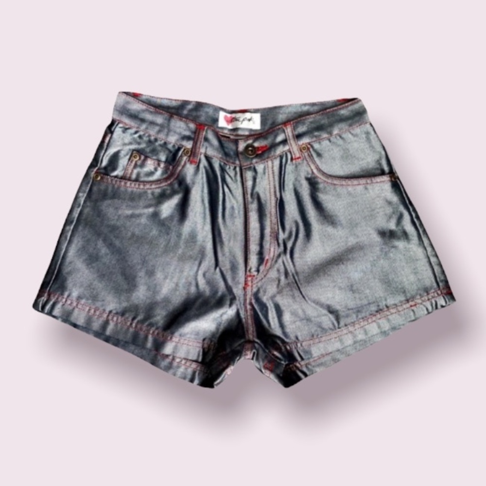 Ultra Pink Shiny Denim Shorts with Red Stitching